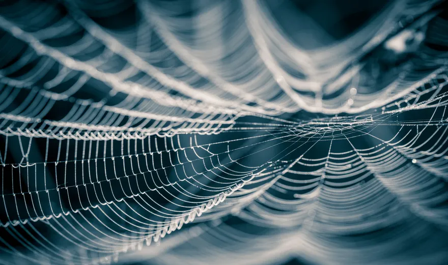 A beautiful closeup of a spider liwing in the swamp. Spaider nets in wetlands in an early morning.