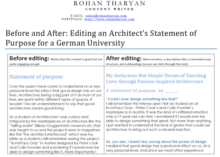 Before/After: My edits for an architect's statement of purpose essay.